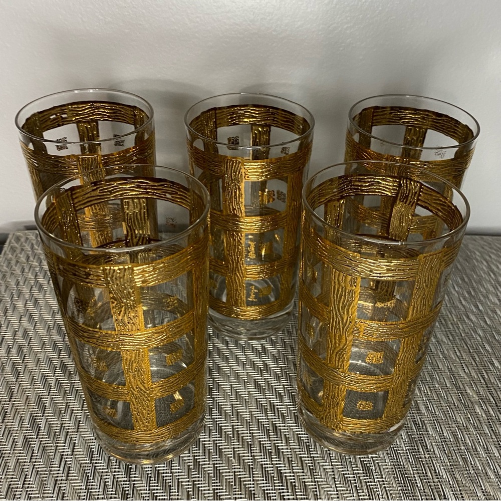 Set of 5 Vintage Gold Glasses Barware